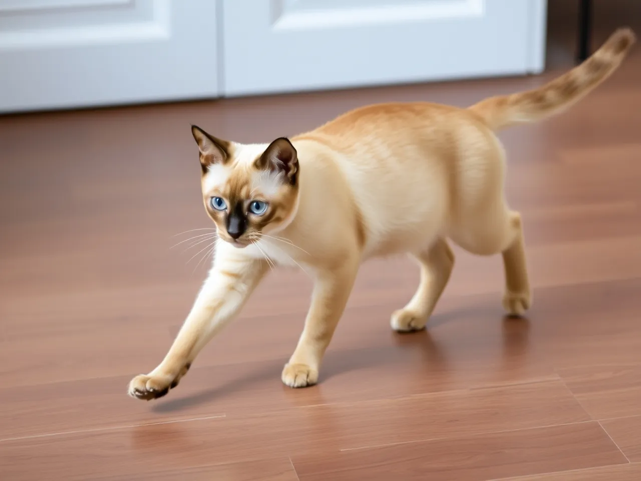 tonkinese cat walking gracefully on wooden floor indoors