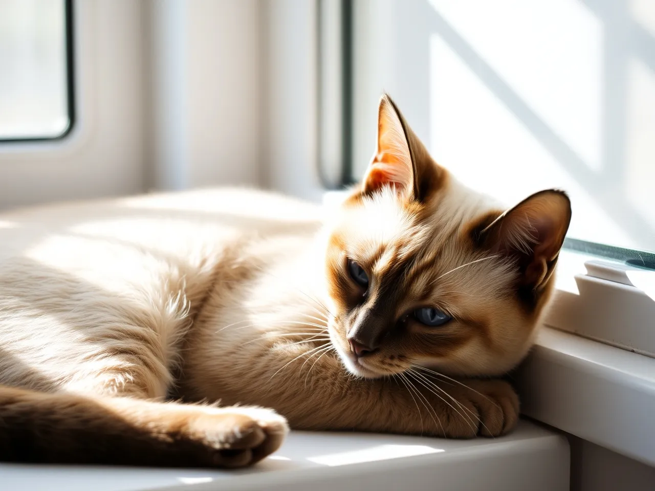 tonkinese cat resting near window with soft natural light