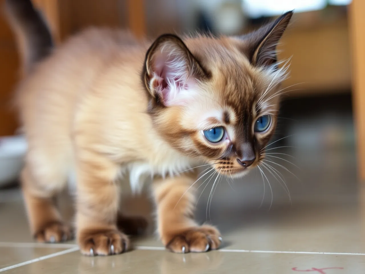 tonkinese kitten looking curious with soft brown coat indoors