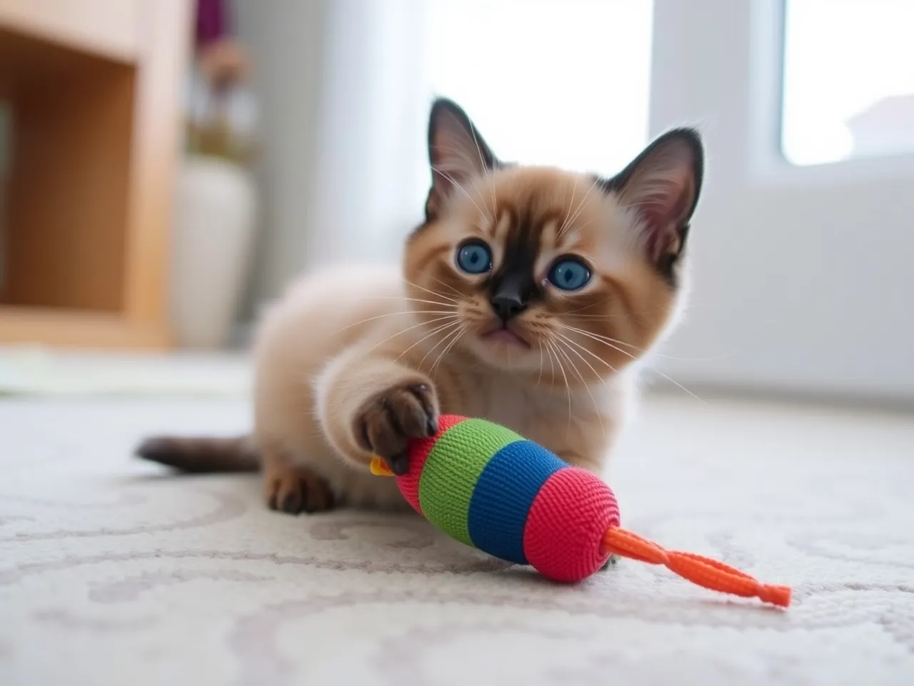 tonkinese kitten playing with toy indoors lively scene