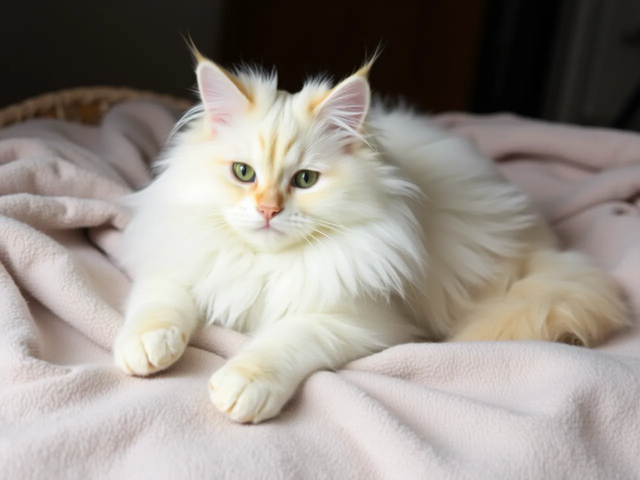 fluffy turkish angora cat lying comfortably on soft blanket