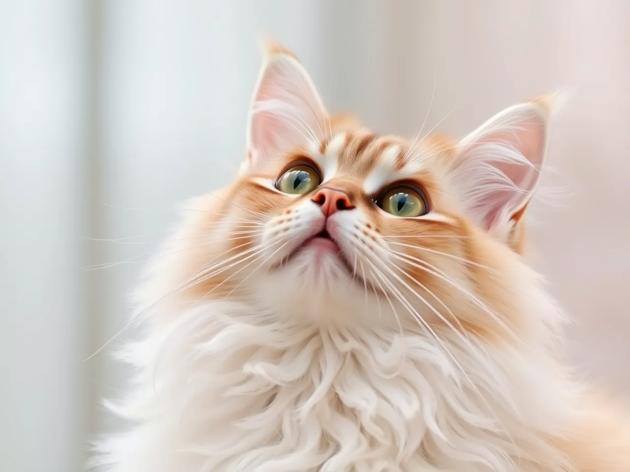 turkish angora cat looking up with curious expression and long fur