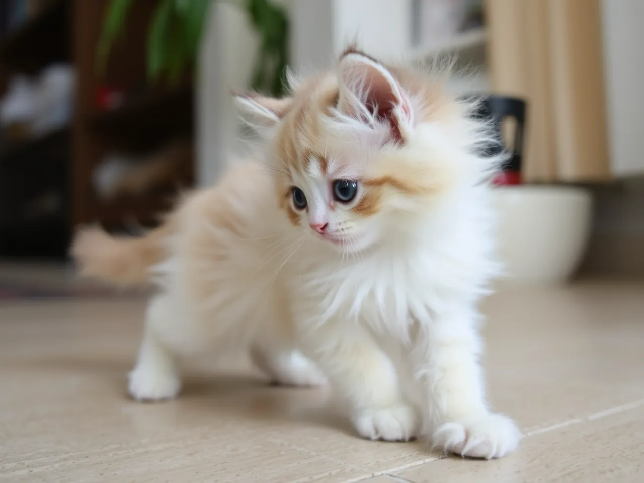 turkish angora kitten with fluffy coat playing indoors