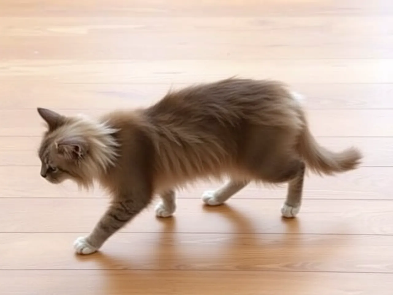 turkish angora cat walking gracefully on wooden floor indoors