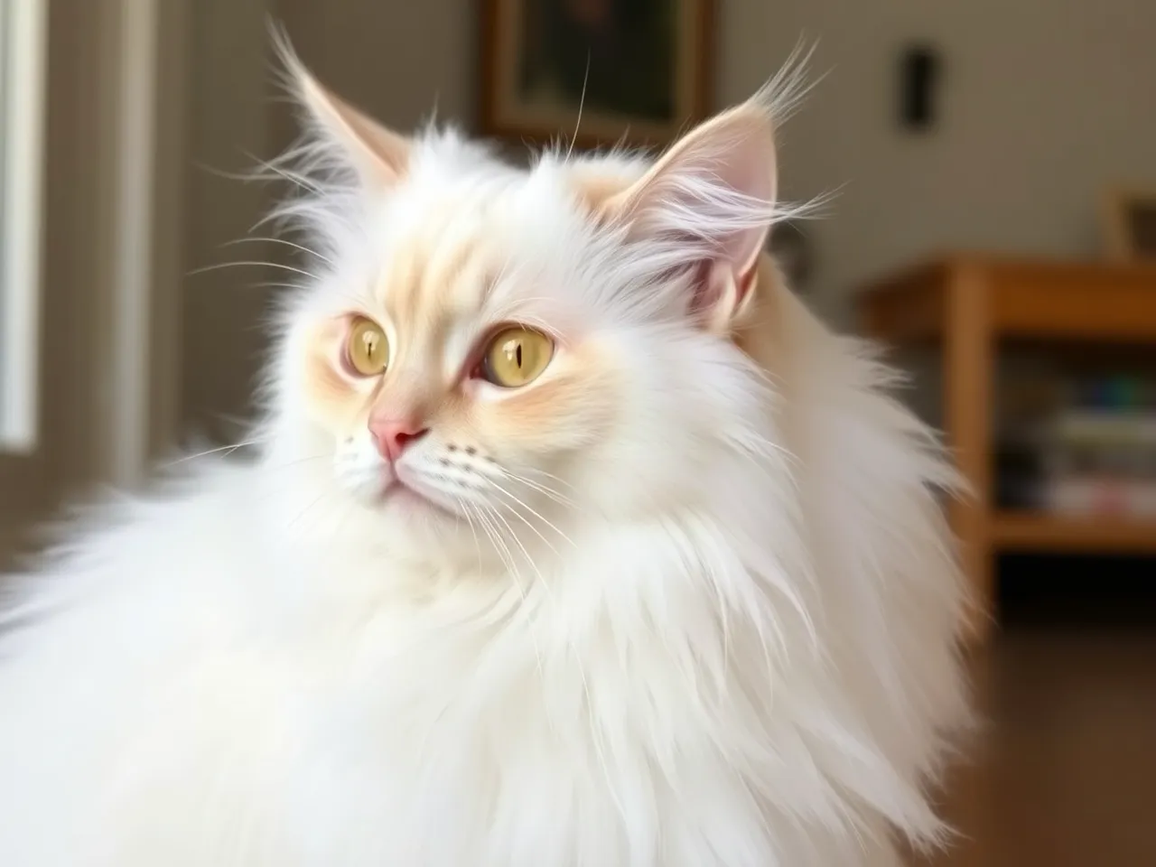 turkish angora cat with long silky white fur sitting elegantly indoors