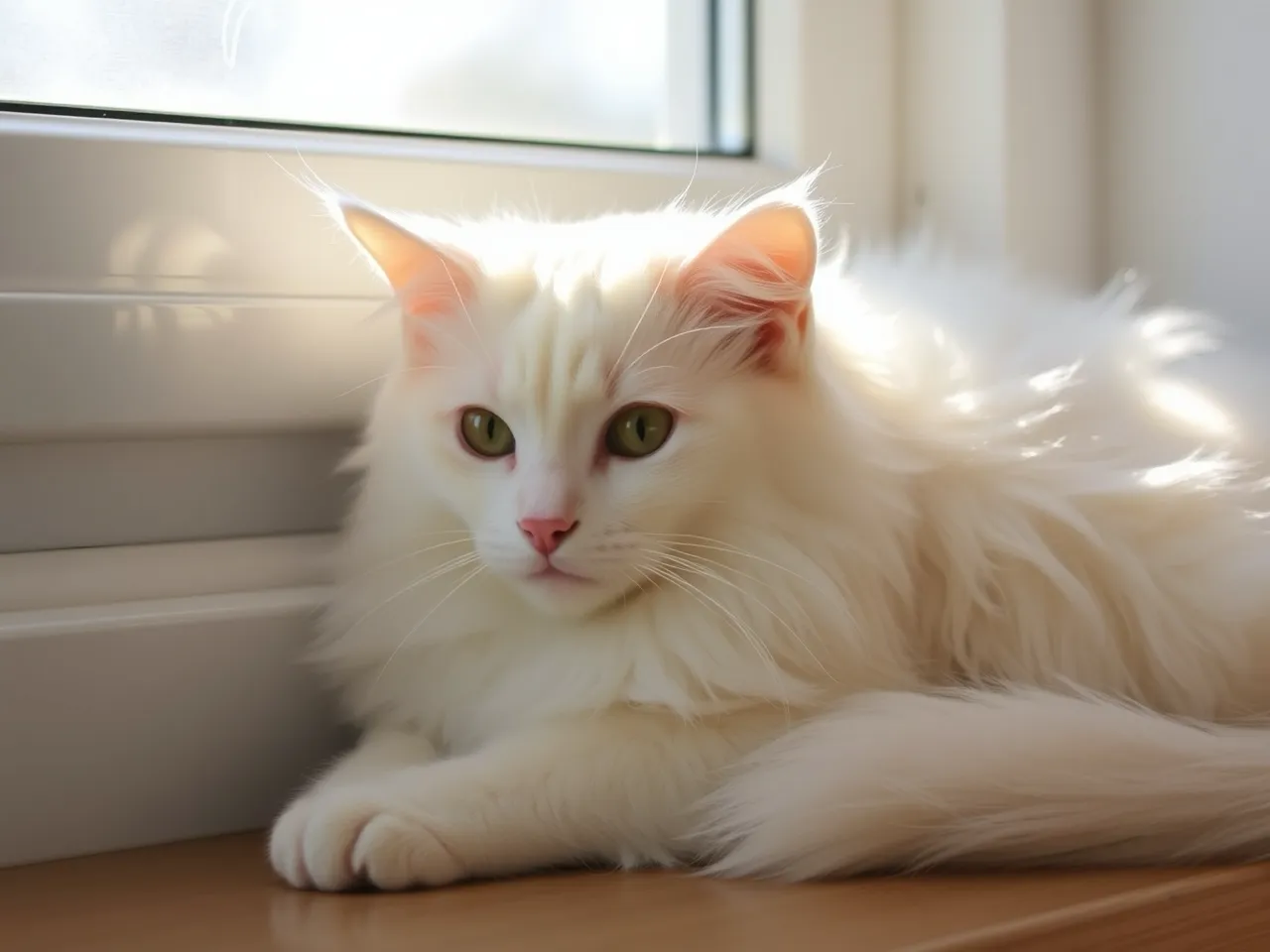 elegant turkish angora cat resting near window in soft sunlight