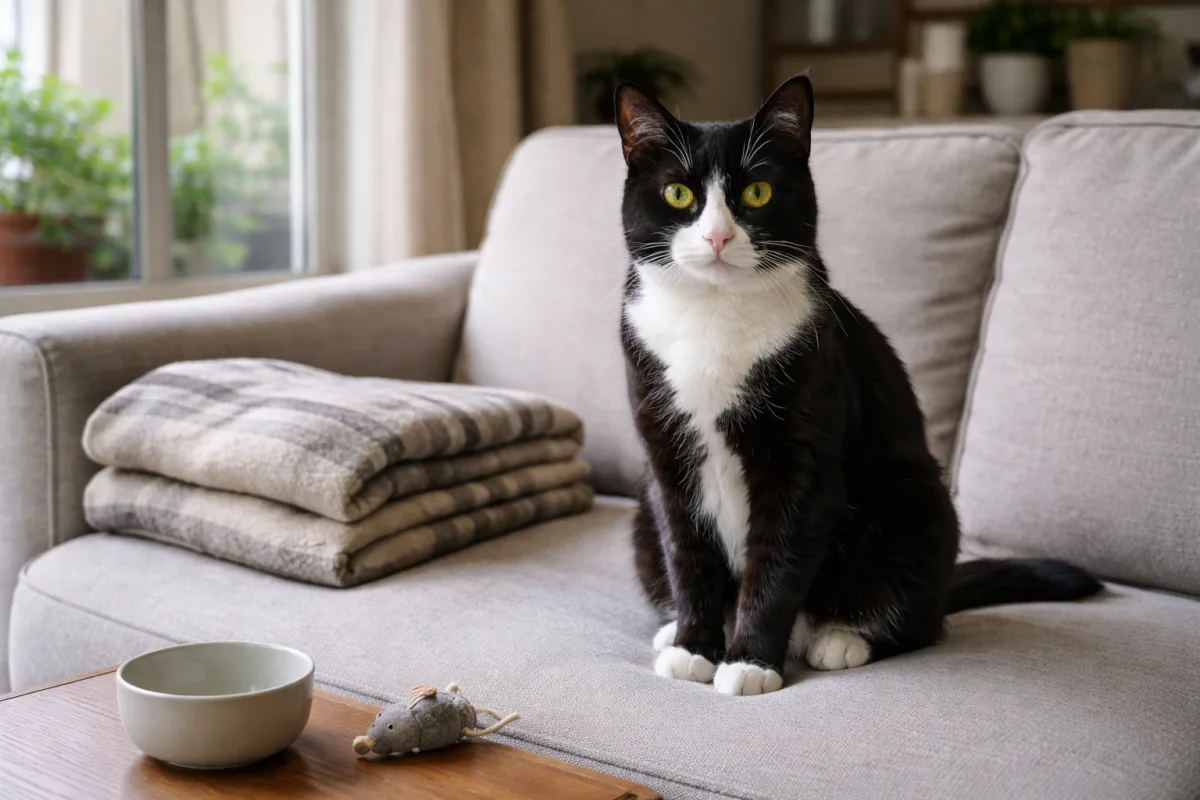 Tuxedo cat with white paws and chest