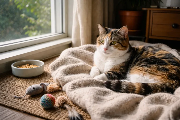 Calico cat with patchwork fur on a blanket