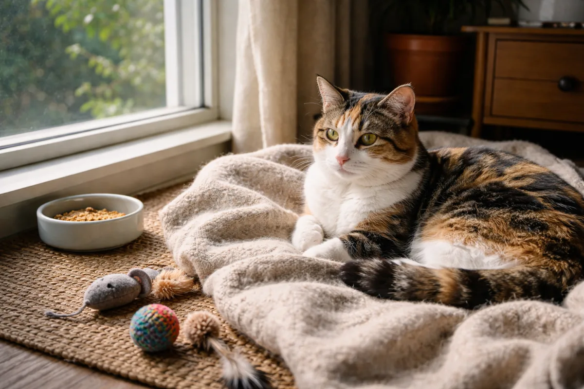 Calico cat with patchwork fur on a blanket