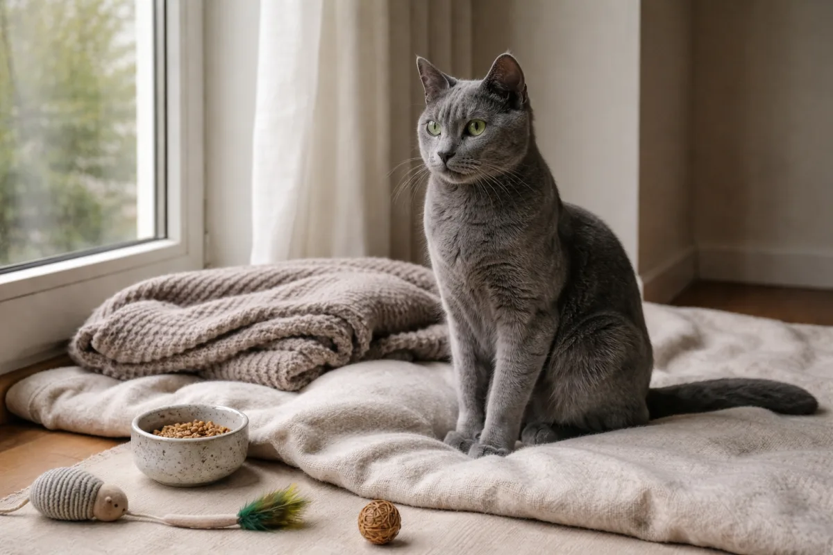 Russian Blue cat with silver coat