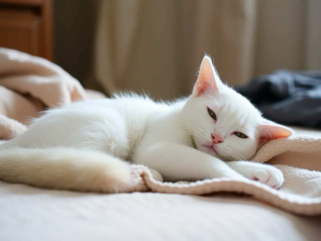 white cat lying comfortably on soft blanket indoors calm scene