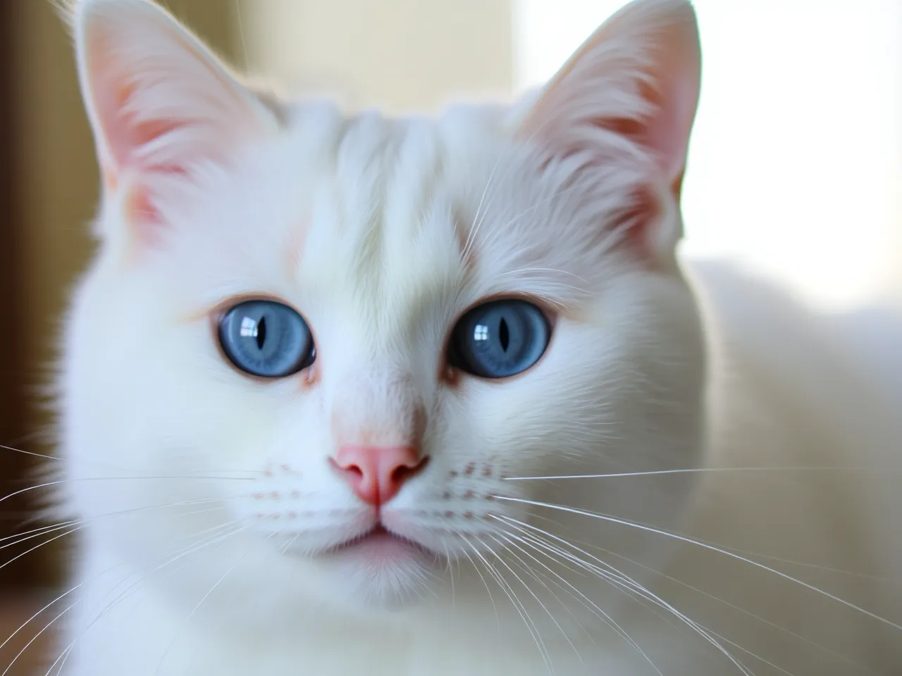 white cat with blue eyes close up portrait soft natural light