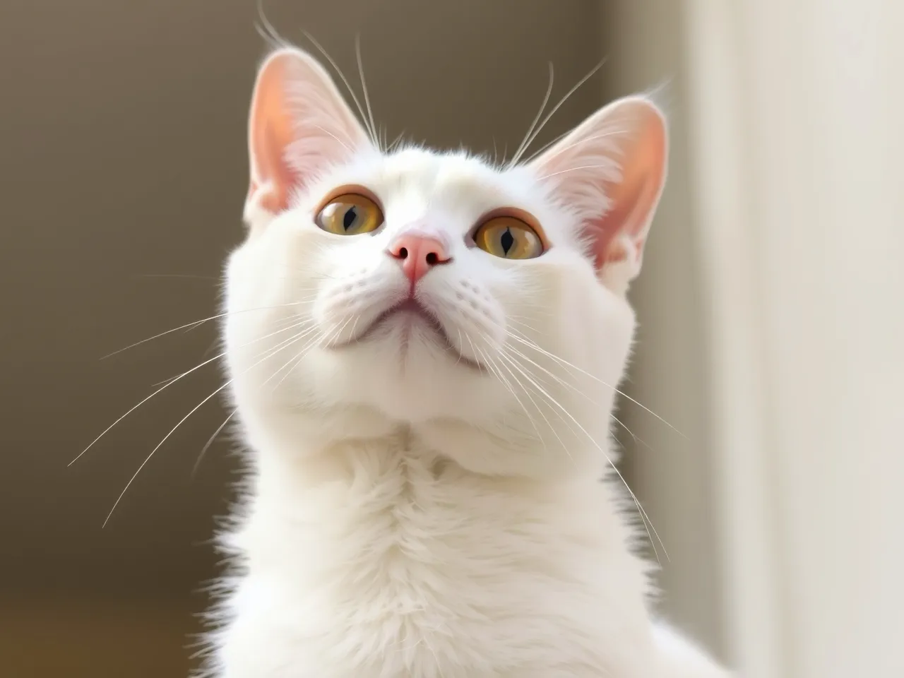 white cat looking up with curious expression and clean fur
