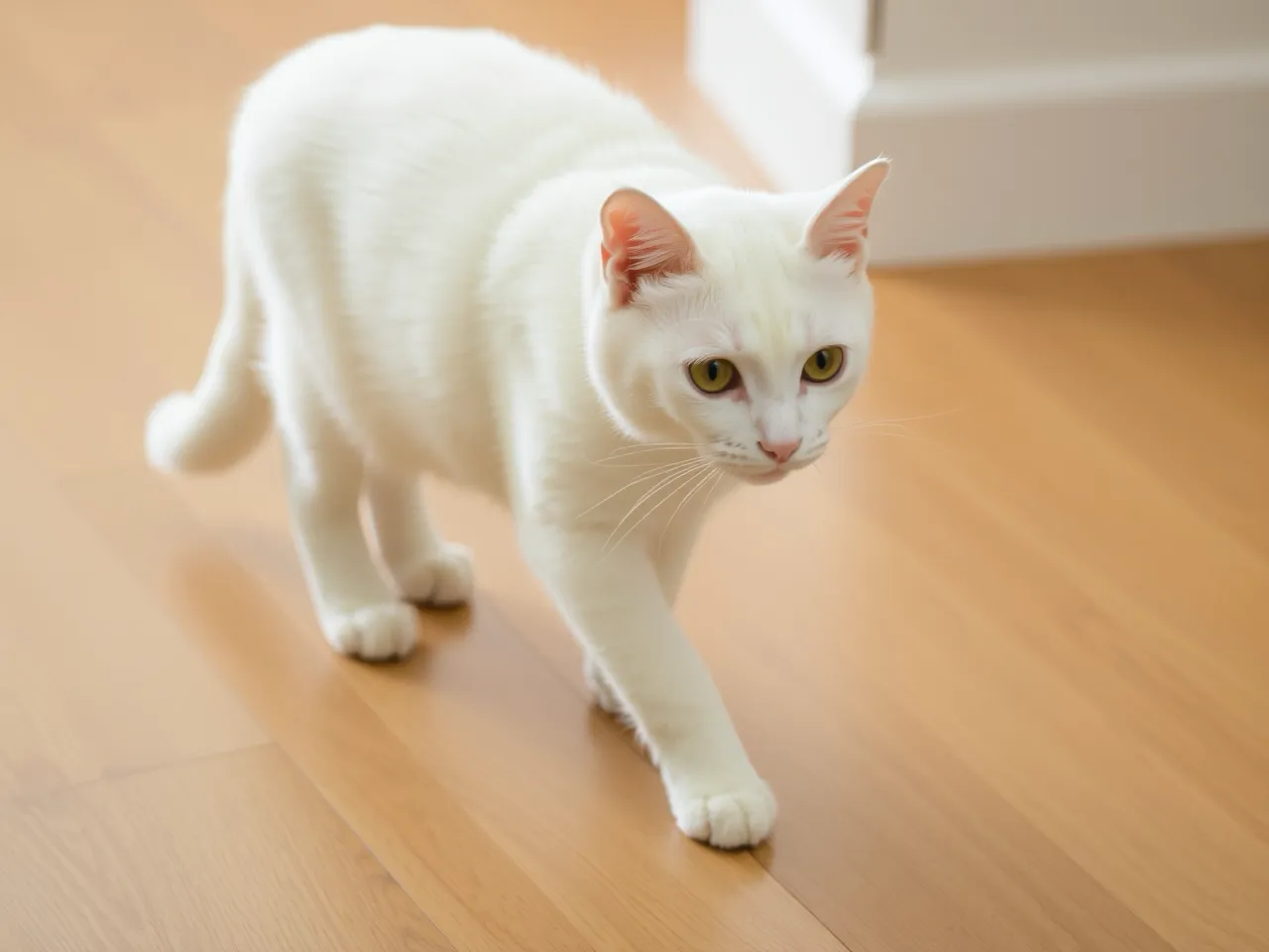 white cat walking gracefully on wooden floor with soft light