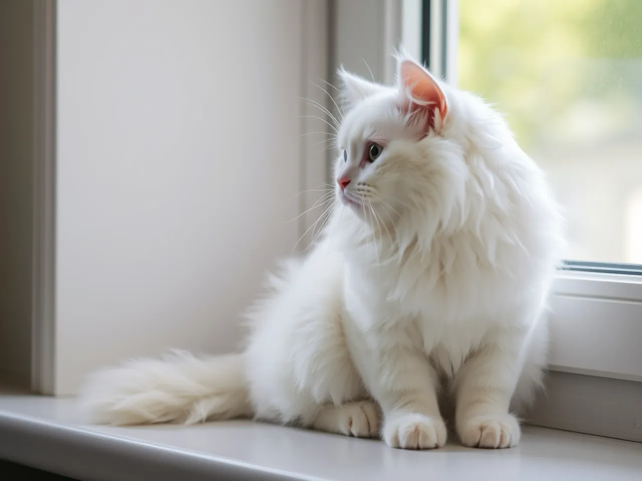 white fluffy cat sitting on a window looking outside