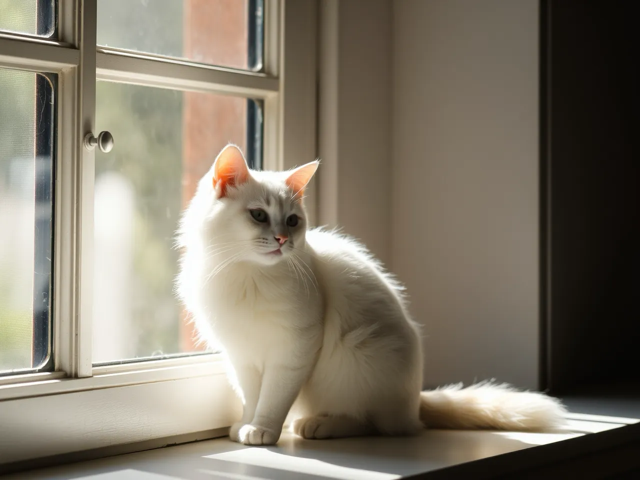 white cat sitting near window in soft sunlight elegant atmosphere