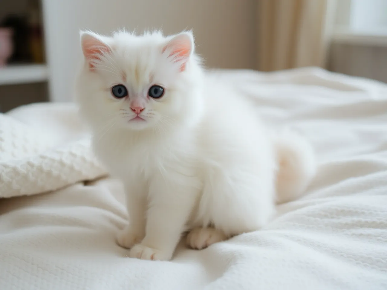 fluffy white kitten sitting on soft blanket cozy indoor scene