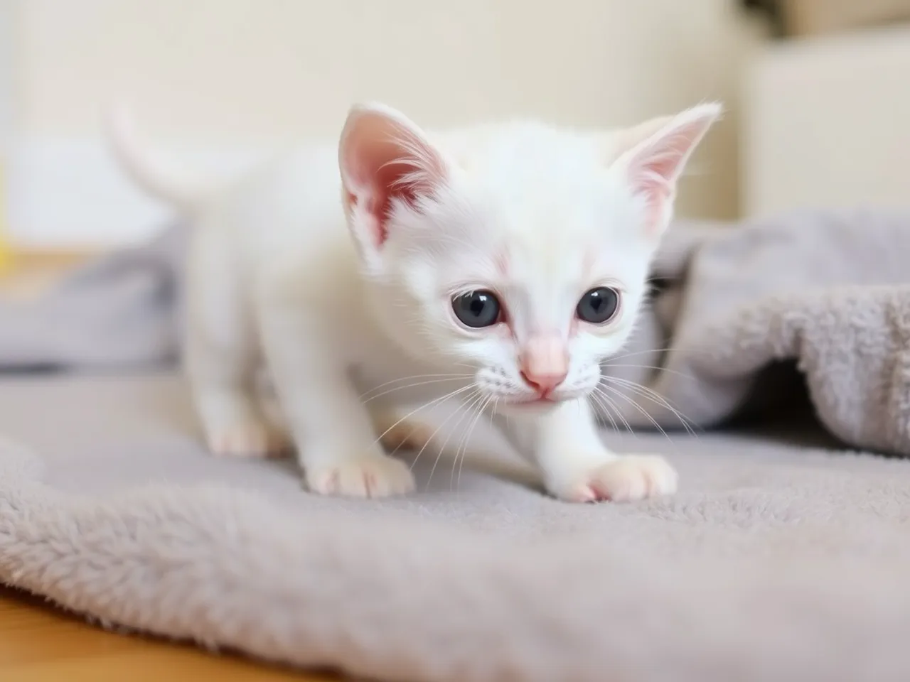 small white kitten playing on a soft blanket indoors