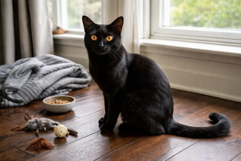 Black Bombay cat with striking golden eyes