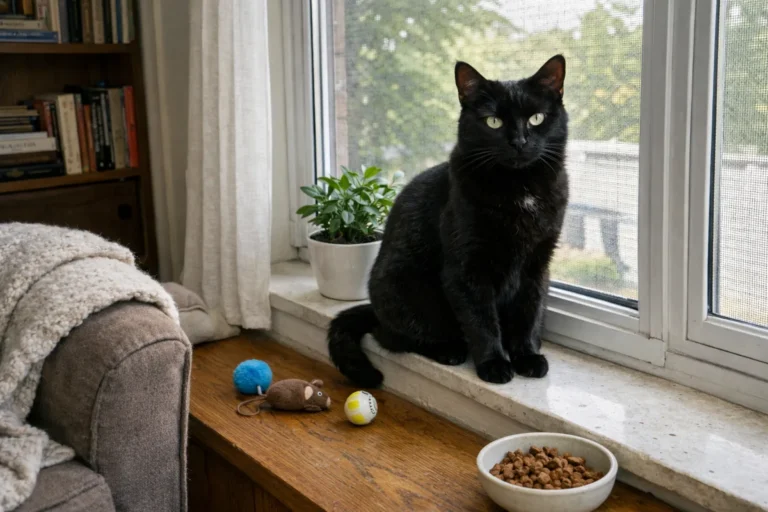 Black cat with sleek fur and bright eyes