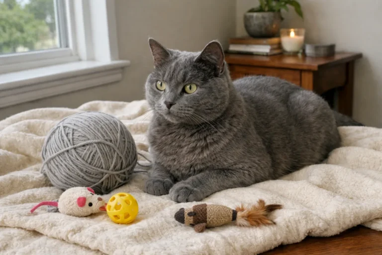Gray cat sitting beside silver yarn