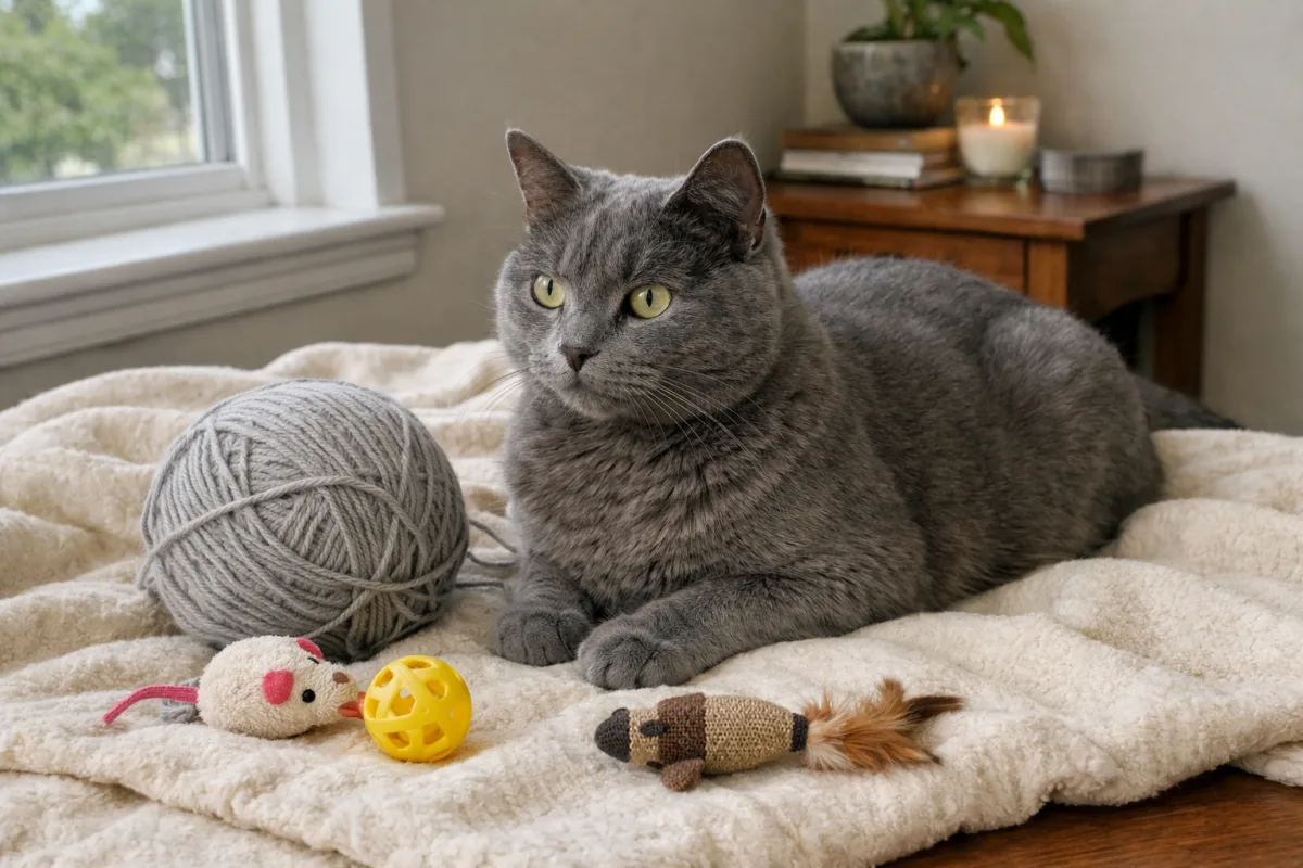 Gray cat sitting beside silver yarn