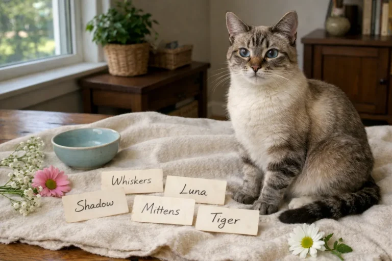 Elegant cat resting beside classic name cards