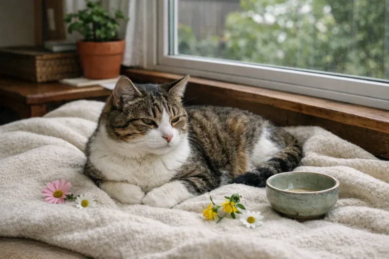 Soft cat resting among flowers