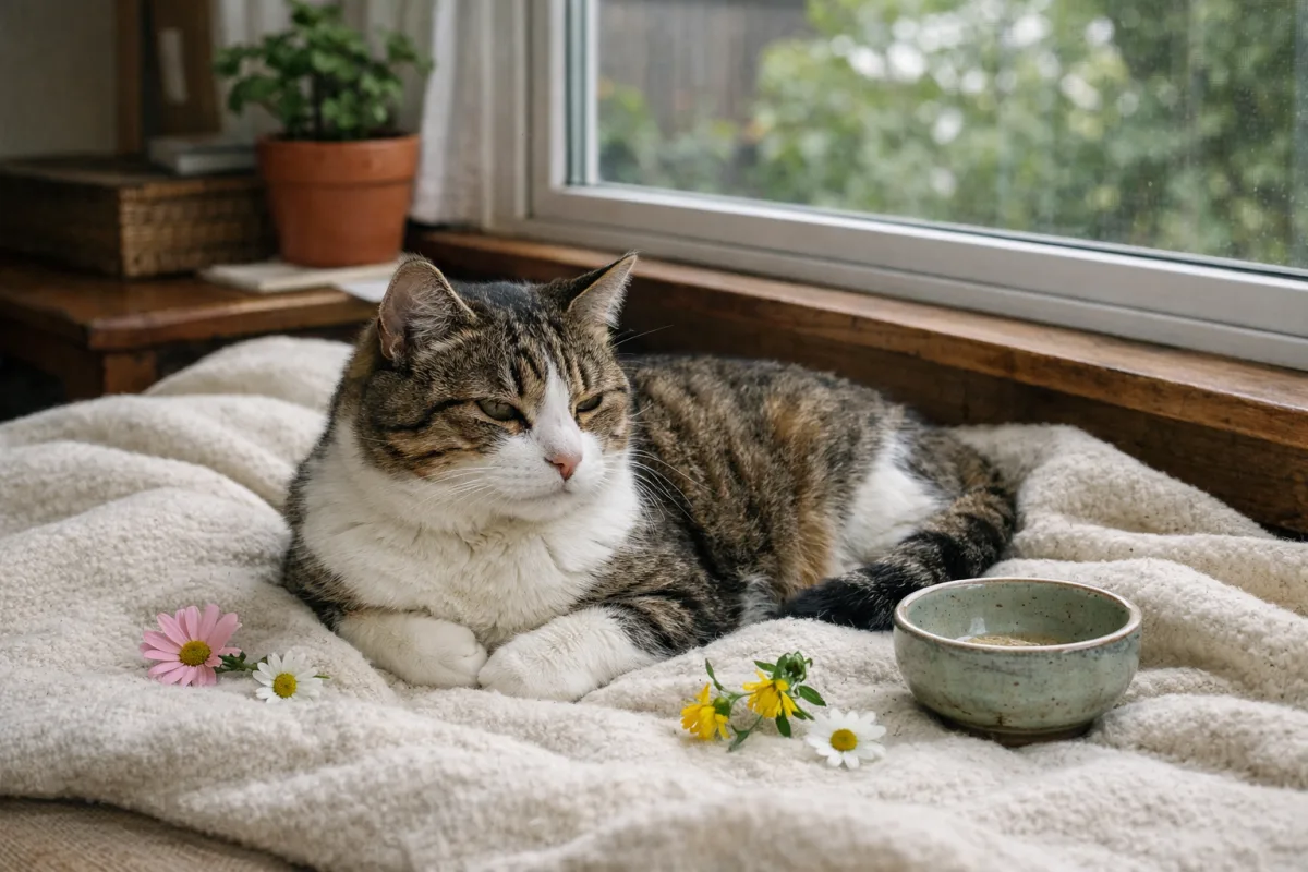 Soft cat resting among flowers