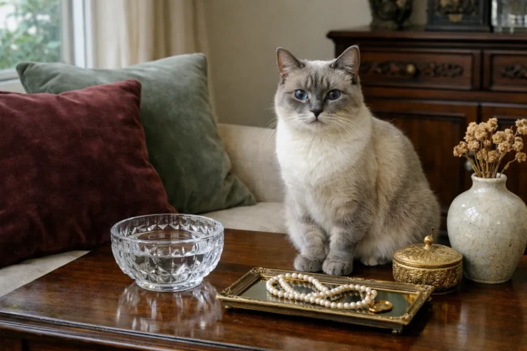Elegant cat beside velvet cushions and a crystal bowl