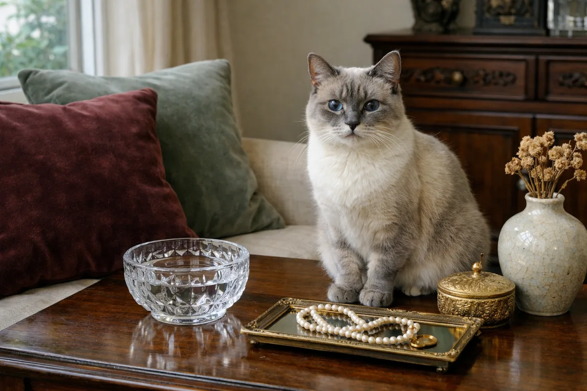 Elegant cat beside velvet cushions and a crystal bowl