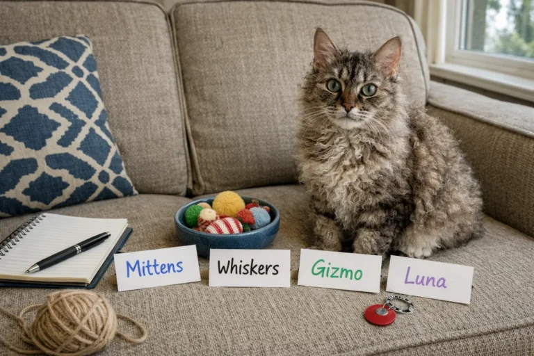 LaPerm cat with curly coat beside name cards