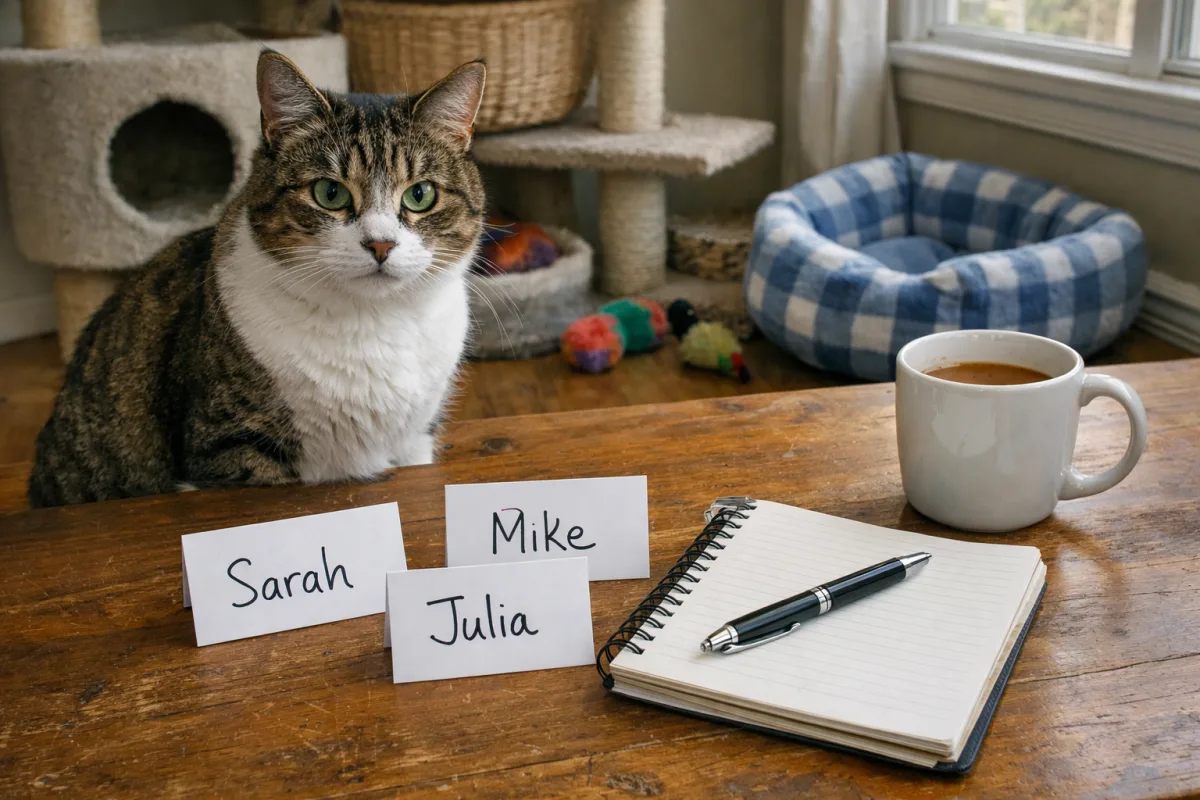 Cat sitting near scattered name cards