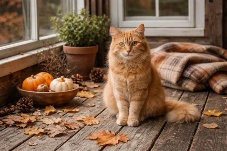 Orange cat surrounded by autumn leaves