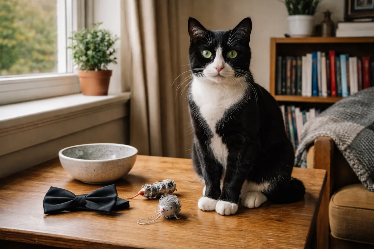 Tuxedo cat with bright eyes and neat white paws