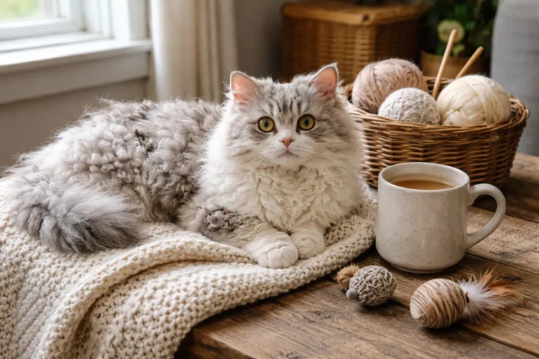 Fluffy Selkirk Rex cat with cozy name ideas