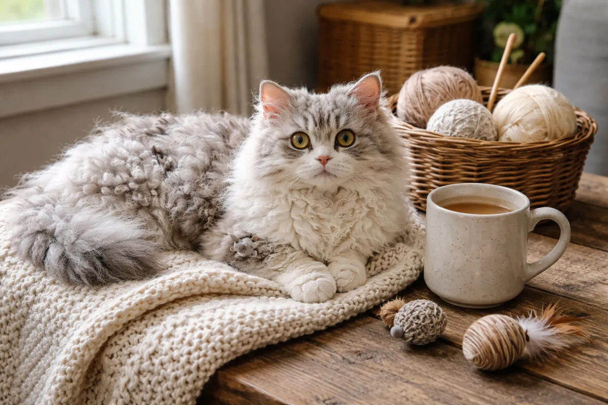 Fluffy Selkirk Rex cat with cozy name ideas