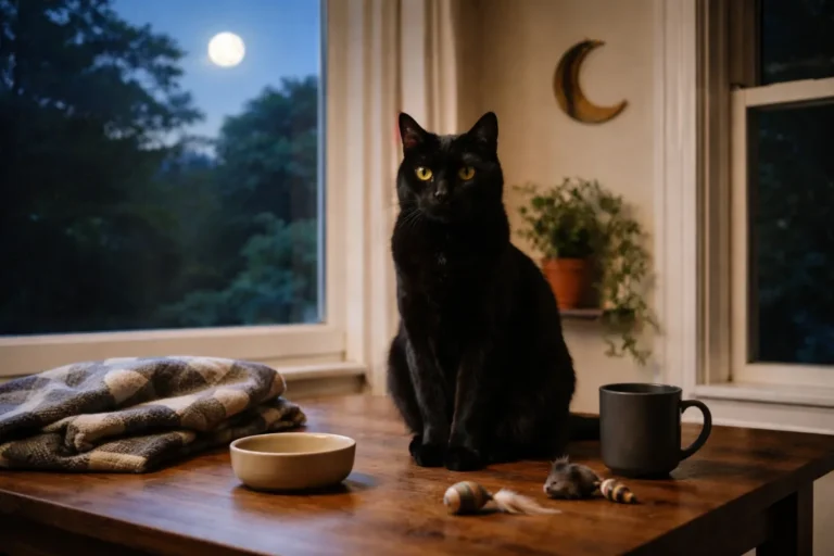 Black cat sitting beside moonlit candles