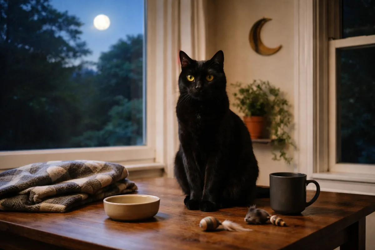 Black cat sitting beside moonlit candles