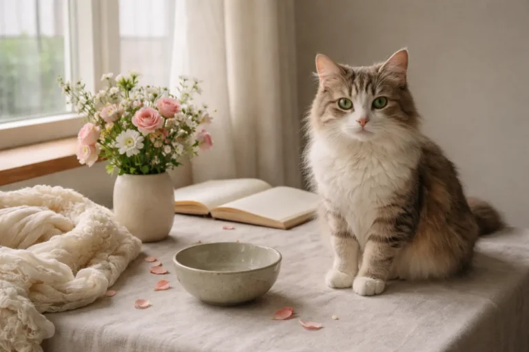 Elegant cat beside soft flowers