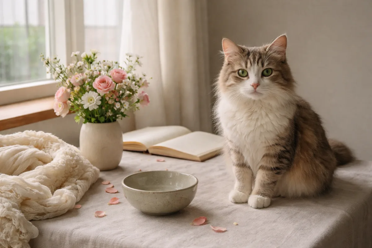 Elegant cat beside soft flowers