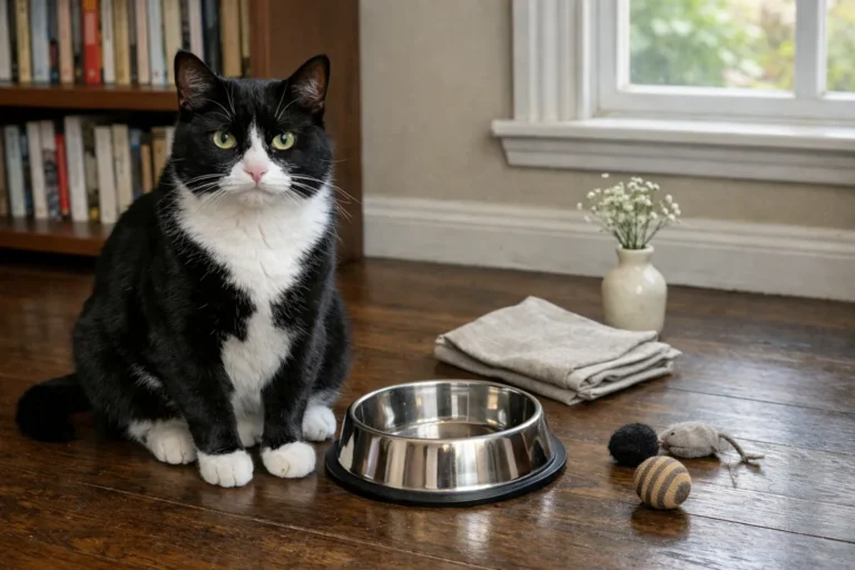 Elegant tuxedo cat beside a silver dish