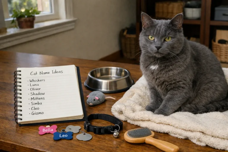 Gray cat sitting beside name tags