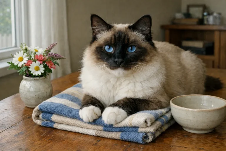 Birman cat resting beside soft fabric and flowers