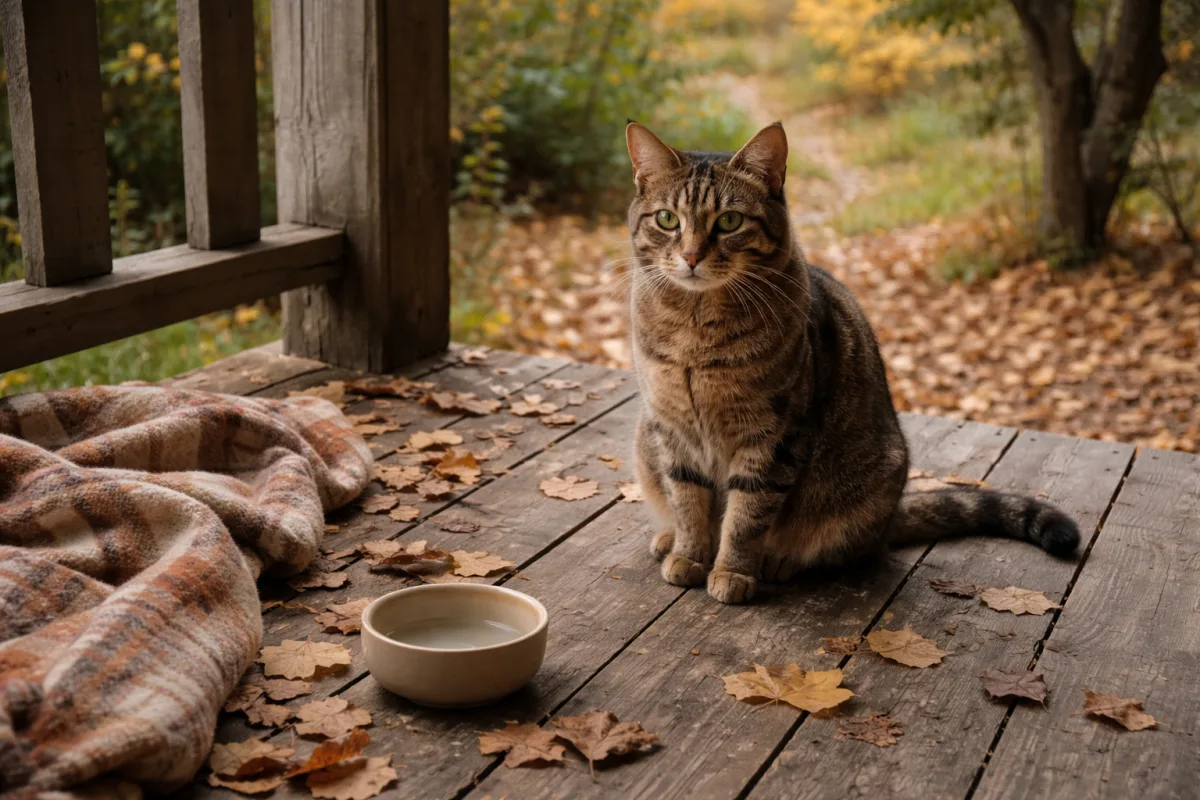 Brown cat beside autumn leaves