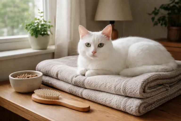 White cat on a soft blanket