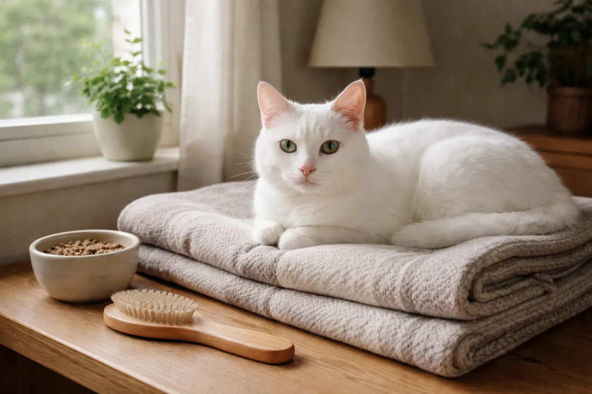 White cat on a soft blanket