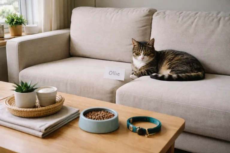 Cat sitting beside a simple name card