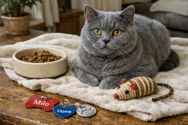 British Shorthair cat with a calm, regal name