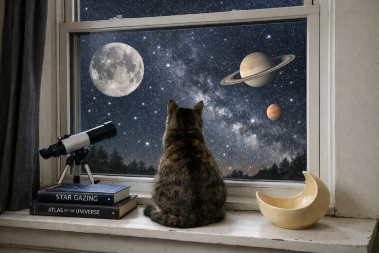 Cat under starry sky with planets